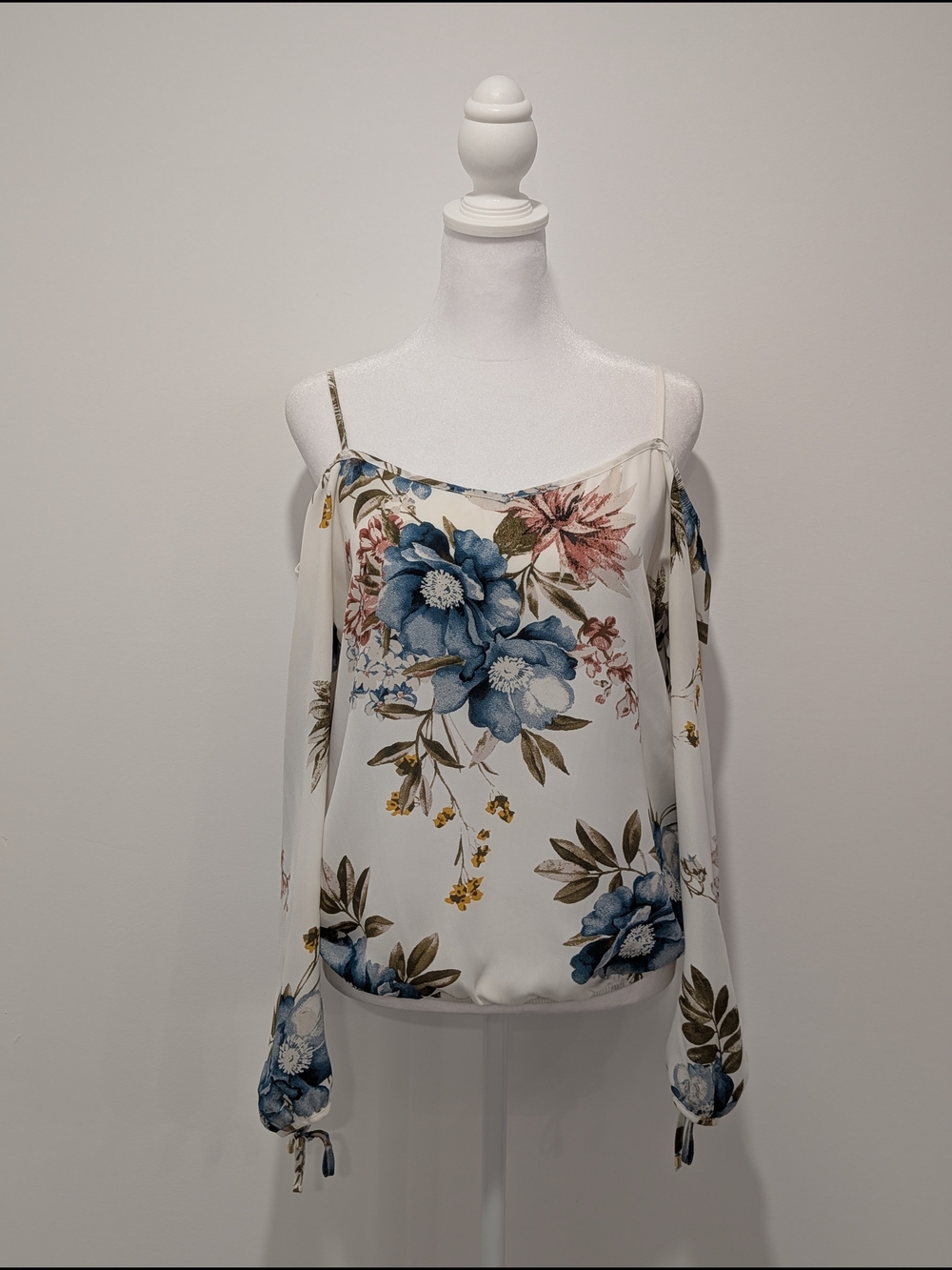Dynamite Ivory Cold-Shoulder Floral Blouse with Blue, Pink and Yellow Blooms